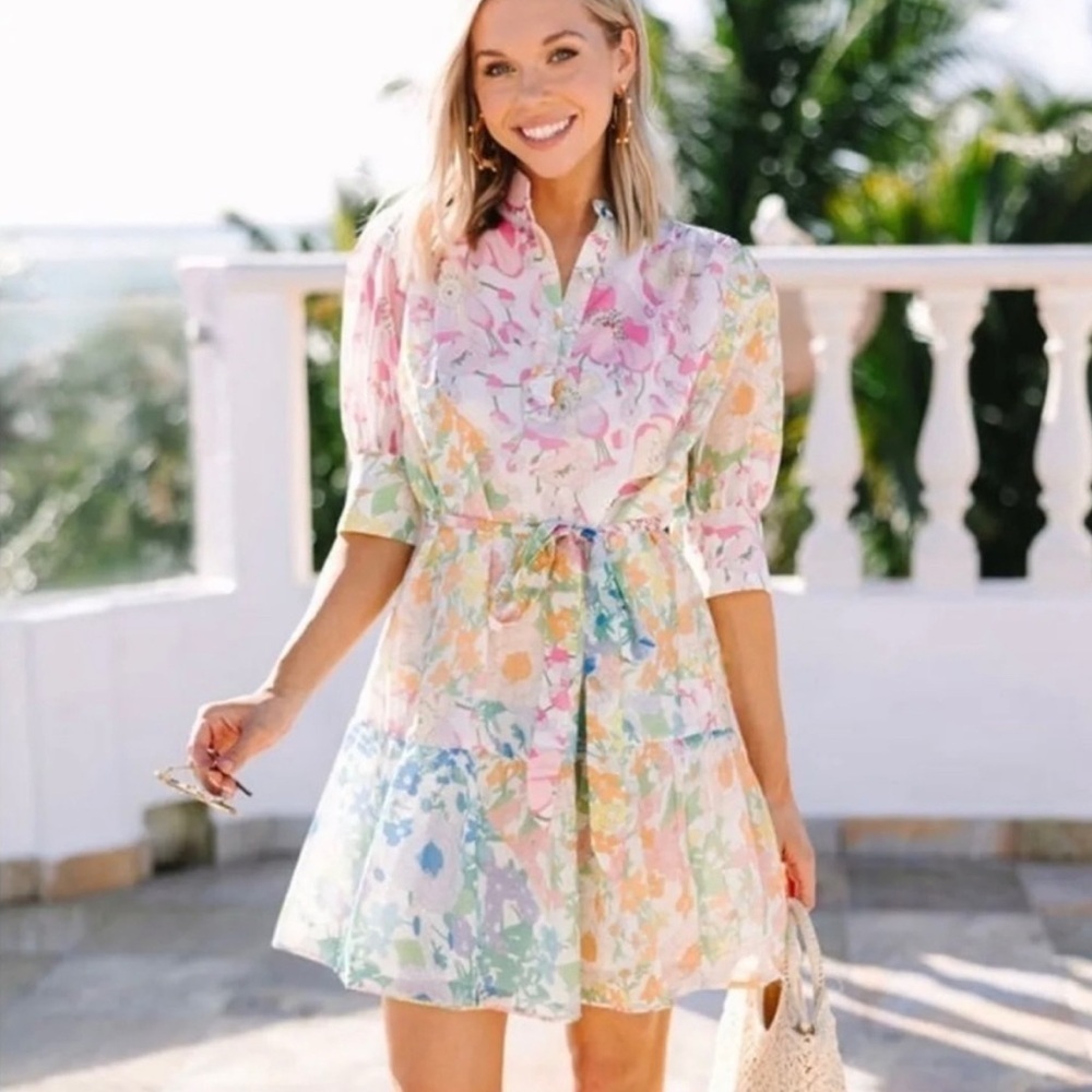 Arthur Jane Claire Women’s Floral Flowy Tie Waist Pastel Mini Dress Size S